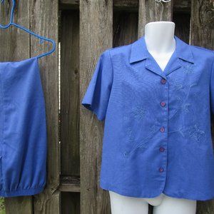 Alfred Dunner Women's 2 Piece Pants Set, Blue Elastic waist  Pockets Linen Blend